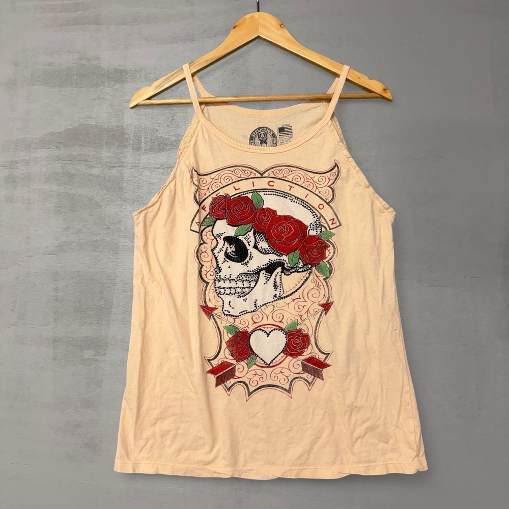 Y2K Affliction Tank Top Peach Skull Rose Graphic Studded Glam Lace Trim Large